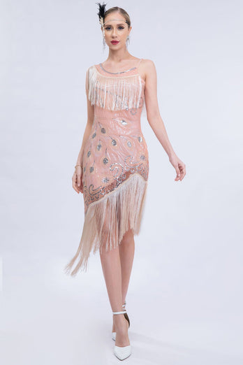 Sparkly Blush Asymmetrical Sequins Fringed 1920s Dress with Accessories Set