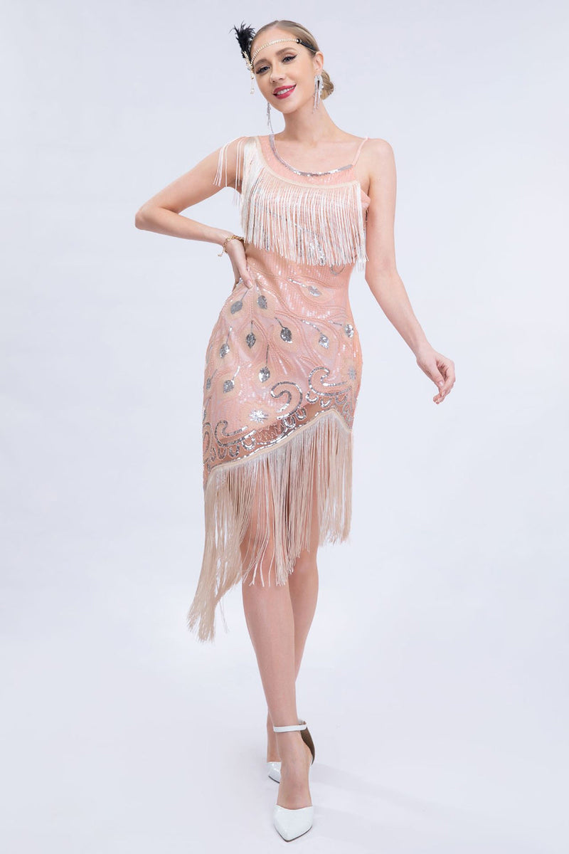 Load image into Gallery viewer, Asymmetrical Black Glitter 1920s Dress with Fringes