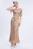 Champagne Sparkly Fringes Long 1920s Dress with Short Sleeves