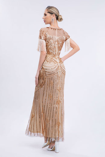 Champagne Sparkly Fringes Long 1920s Dress with Short Sleeves