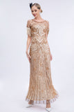 Champagne Sparkly Fringes Long 1920s Dress with Short Sleeves