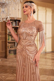 Fringes Glitter Long Flapper Dress with Short Sleeves