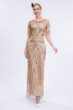 Champagne Sparkly Fringes Long 1920s Dress with Short Sleeves