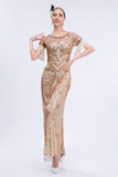 Champagne Sparkly Fringes Long 1920s Dress with Short Sleeves