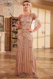 Fringes Glitter Long Flapper Dress with Short Sleeves