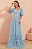 Load image into Gallery viewer, Blue A Line Prom Dress with Puff Sleeves