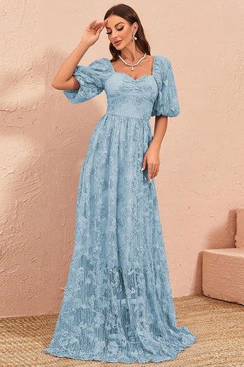 Blue A Line Prom Dress with Puff Sleeves
