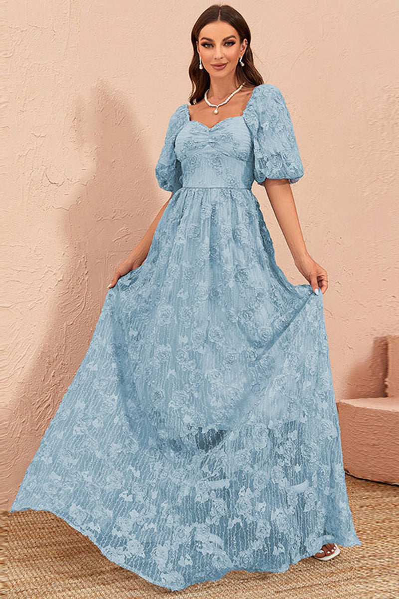 Load image into Gallery viewer, Blue A Line Prom Dress with Puff Sleeves