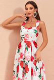 High-low White Floral Print Prom Dress with Ruffles