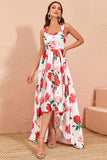 High-low White Floral Print Prom Dress with Ruffles