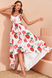 High-low White Floral Print Prom Dress with Ruffles