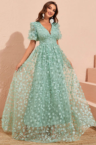 Green A Line Puff Sleeves Prom Dress with Appliques