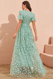 Green A Line Puff Sleeves Prom Dress with Appliques