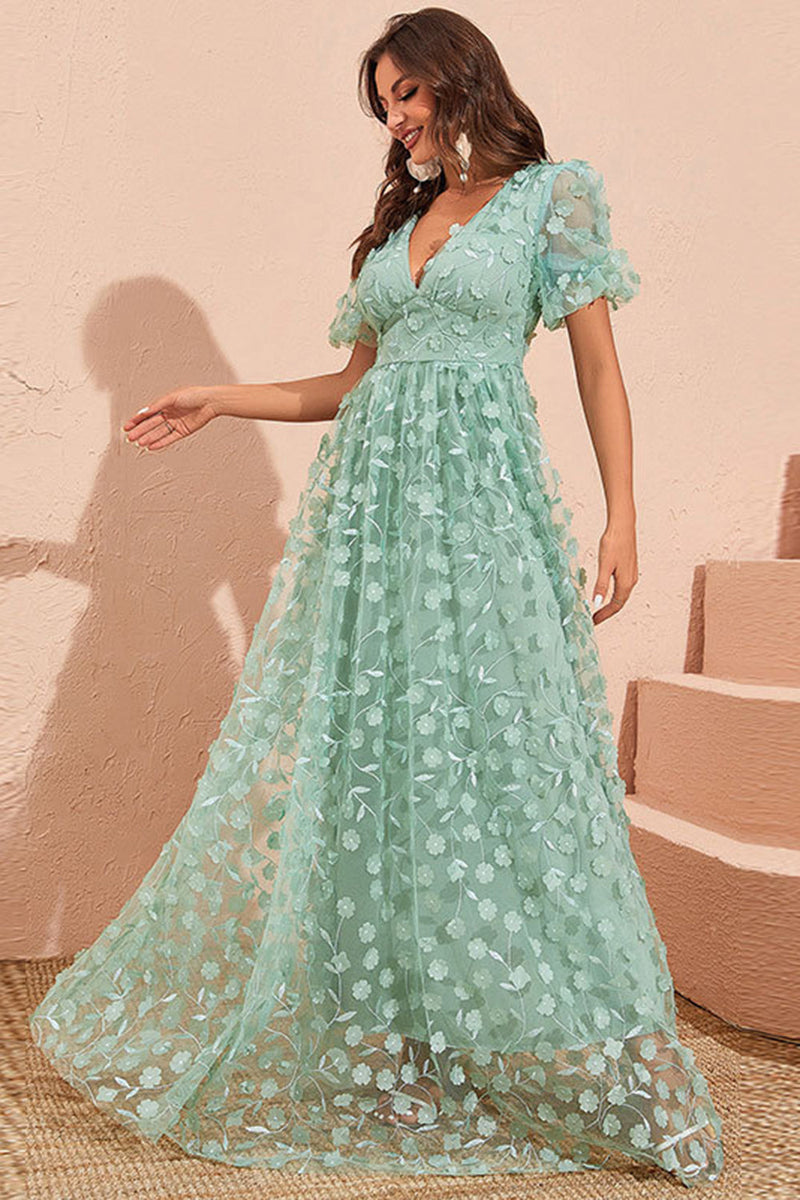 Load image into Gallery viewer, Green A Line Puff Sleeves Prom Dress with Appliques