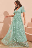 Green A Line Puff Sleeves Prom Dress with Appliques