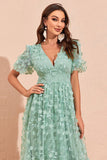 Green A Line Puff Sleeves Prom Dress with Appliques