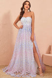 Strapless A Line Tulle Prom Dress with Floral