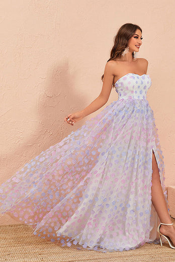 Strapless A Line Tulle Prom Dress with Floral