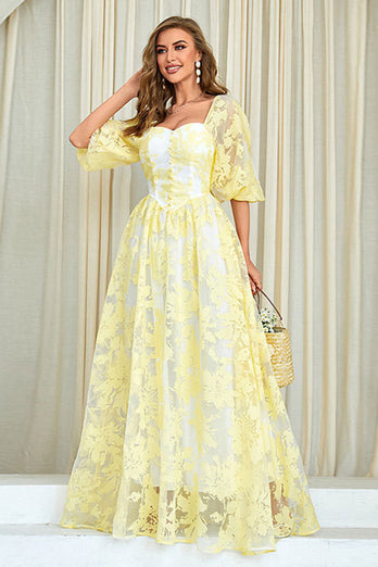 Yellow Print A Line Prom Dress with Puff Sleeves