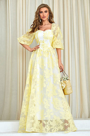 Yellow Print A Line Prom Dress with Puff Sleeves