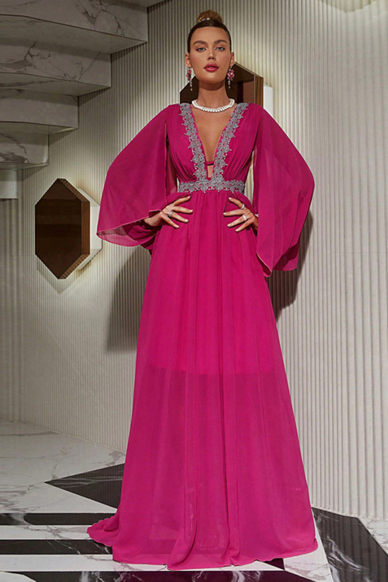 Load image into Gallery viewer, Hot Pink Deep V-neck Formal Dress
