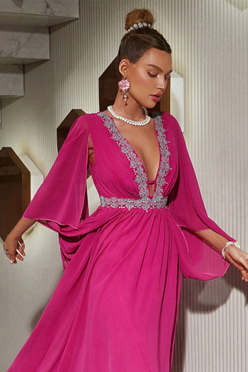 Hot Pink Deep V-neck Formal Dress