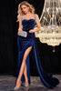 Load image into Gallery viewer, Navy Velvet Fringes Corset Prom Dress with Slit