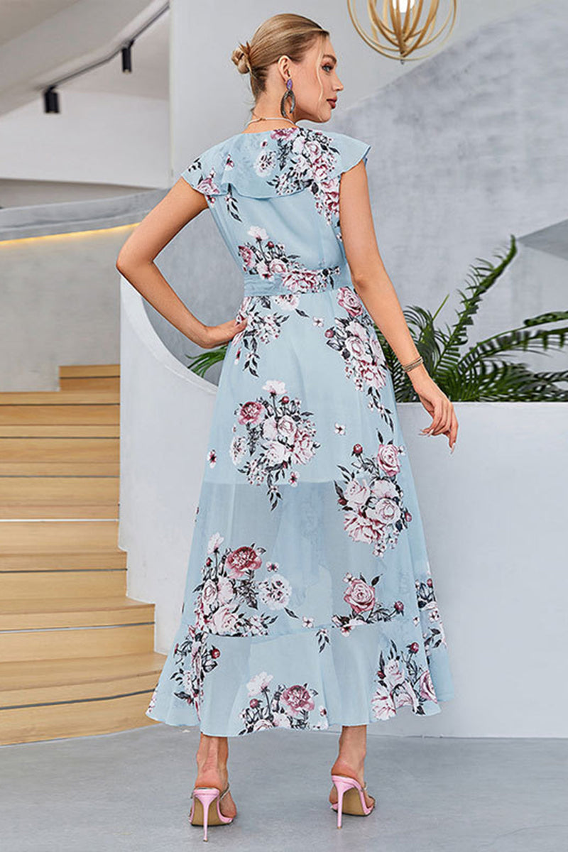 Load image into Gallery viewer, Blue A-Line V-Neck Asymmetrical Print Chiffon Summer Dress