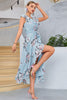 Load image into Gallery viewer, Blue A-Line V-Neck Asymmetrical Print Chiffon Summer Dress