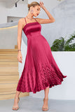 Burgundy A-Line Spaghetti Straps Pleated Tea-Length Evening Dress