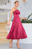 Burgundy A-Line Spaghetti Straps Pleated Tea-Length Evening Dress