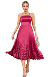 Burgundy A-Line Spaghetti Straps Pleated Tea-Length Evening Dress