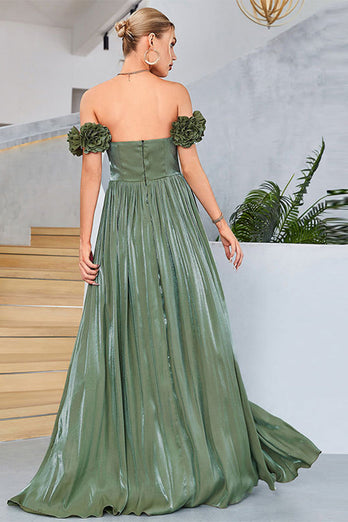 Green A-Line Off The Shoulder Pleated Long Prom Dress With Slit