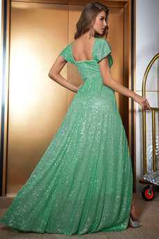 Green A-Line Off The Shoulder Sparkly Sequin Prom Dress With Slit
