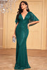 Load image into Gallery viewer, Dark Green Mermaid Deep V Neck Sequin Prom Dress With Cape Sleeves