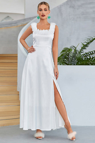 White A-Line Square Neck Long Prom Dress