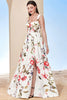 Load image into Gallery viewer, White A-Line Square Neck Print Long Holiday Dress With Slit