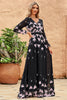 Load image into Gallery viewer, Black A-Line V Neck Print Long Formal Dress With Long Sleeves