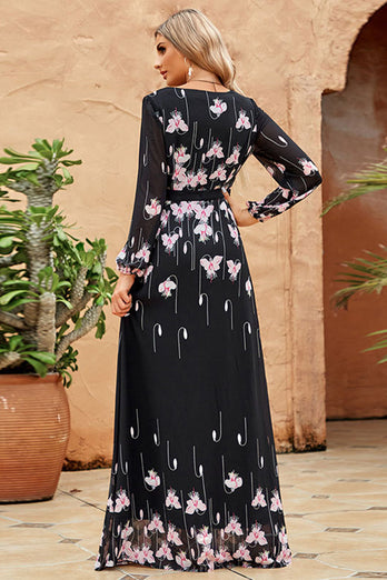 Black A-Line V Neck Print Long Formal Dress With Long Sleeves