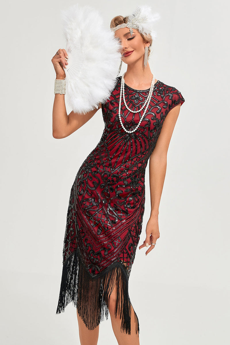 Load image into Gallery viewer, Sparkly Black Beaded Fringed 1920s Gatsby Dress