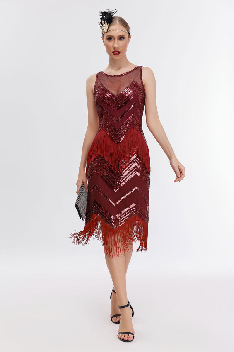 Load image into Gallery viewer, Sparkly Champagne Sequins Fringed 1920s Gatsby Dress