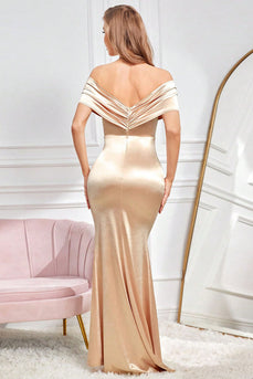 Mermaid Off The Shoulder Champagne Prom Dress with Slit