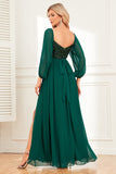 A-Line Dark Green Sequins Prom Dress with Sleeves