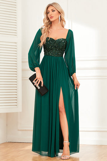 A-Line Dark Green Sequins Prom Dress with Sleeves