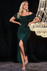 Load image into Gallery viewer, Sparkly Cold Shoudler Dark Green Sequins Porm Dress with Slit