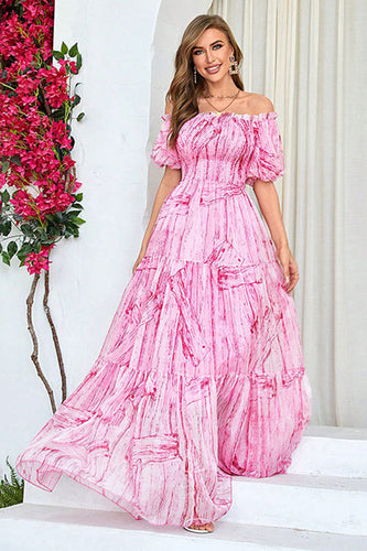 Pink A-Line Off The Shoulder Prom Dress with Puff Sleeves
