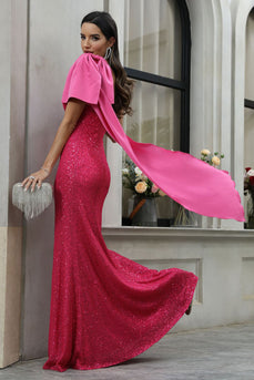 Mermaid Sequins Fuchsia Prom Dress with Bowknot