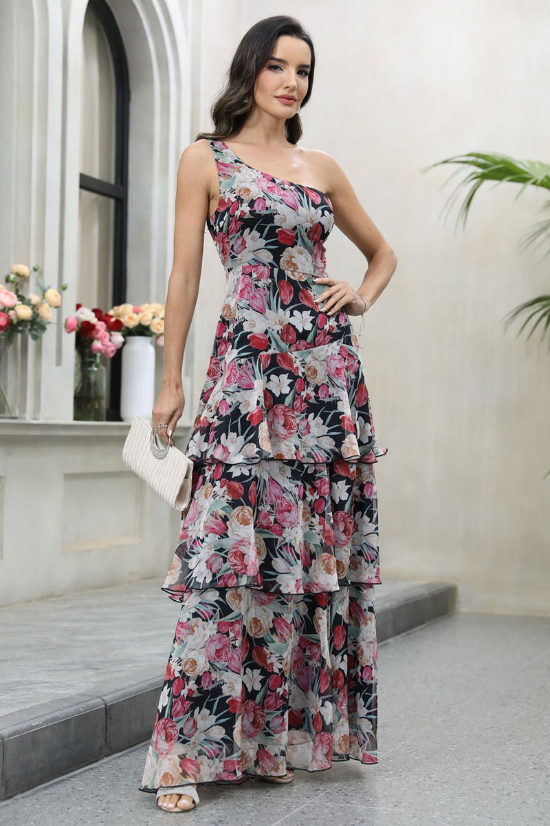 Load image into Gallery viewer, Black One Shoulder Flower Printed Party Dress with Slit
