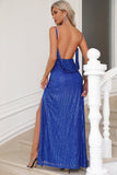 Sparkly Royal Blue Spaghetti Straps Prom Dress with Slit