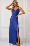 Sparkly Royal Blue Spaghetti Straps Prom Dress with Slit